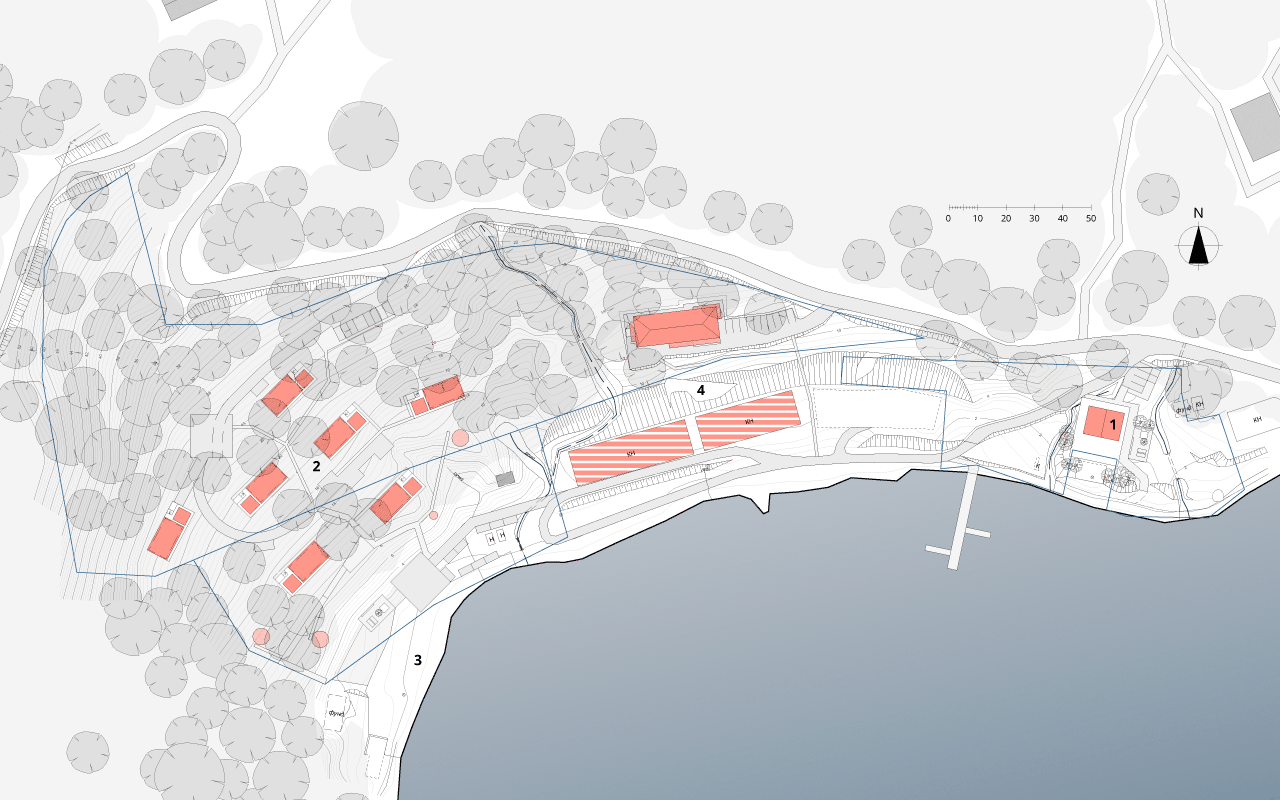 Lageplan: 1) Besucherzentrum, 2) Gästehäuser, 3) Strand, 4) Meeresfarm